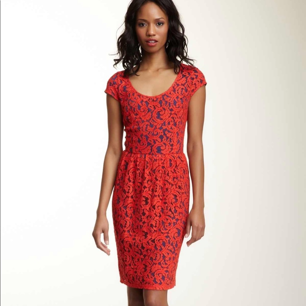 NWOT Sugerlips Red Lace with Blue Underlay Dress L